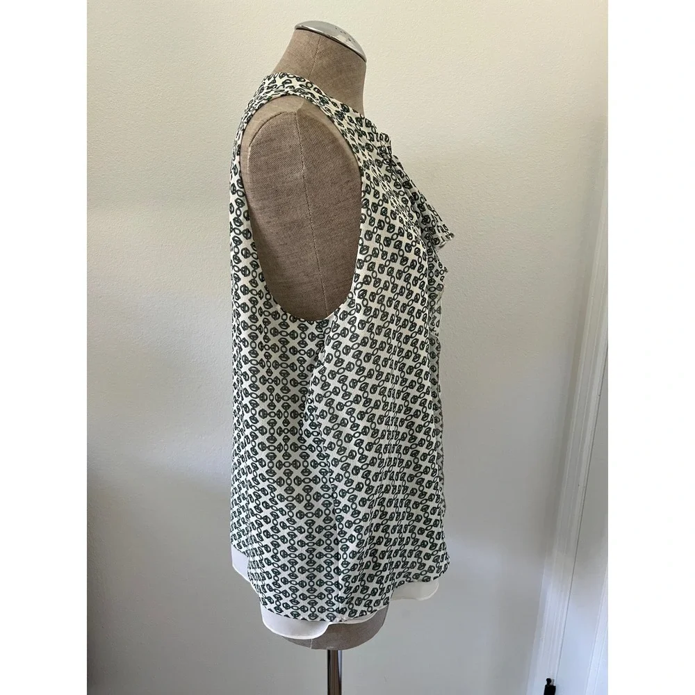 Tory Burch Silk Ruffle Sleeveless Blouse Green Cream Chain Link Print Size 14